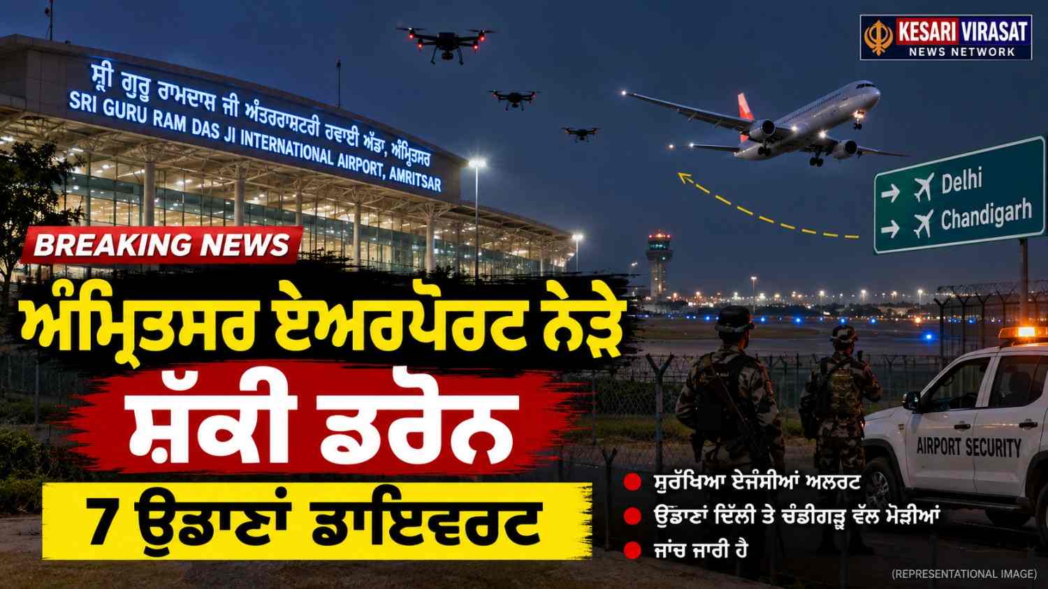 ਅੰਮ੍ਰਿਤਸਰ ਏਅਰਪੋਰਟ ਨੇੜੇ ਸ਼ੱਕੀ ਡਰੋਨ-ਨੁਮਾ ਵਸਤੂਆਂ, 7 ਉਡਾਣਾਂ ਡਾਇਵਰਟ