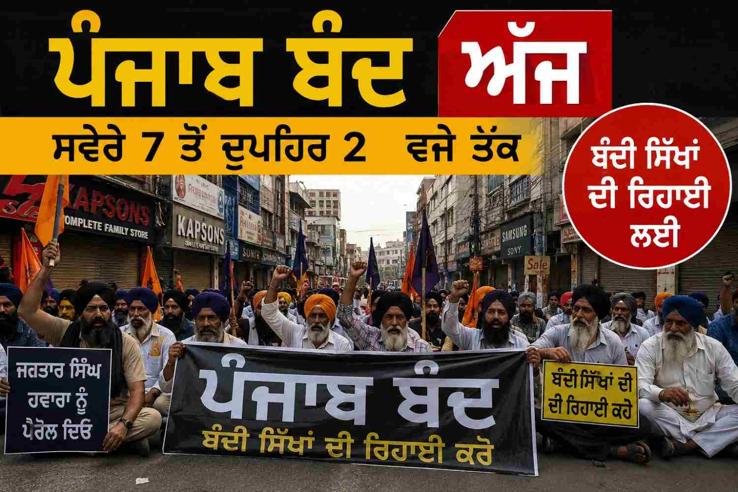 ਪੰਜਾਬ ਬੰਦ ਅੱਜ: ਬੰਦੀ ਸਿੰਘਾਂ ਦੀ ਰਿਹਾਈ ਲਈ ਸਵੇਰੇ 7 ਤੋਂ ਦੁਪਹਿਰ 2 ਵਜੇ ਤੱਕ ਚੱਕਾ ਜਾਮ
