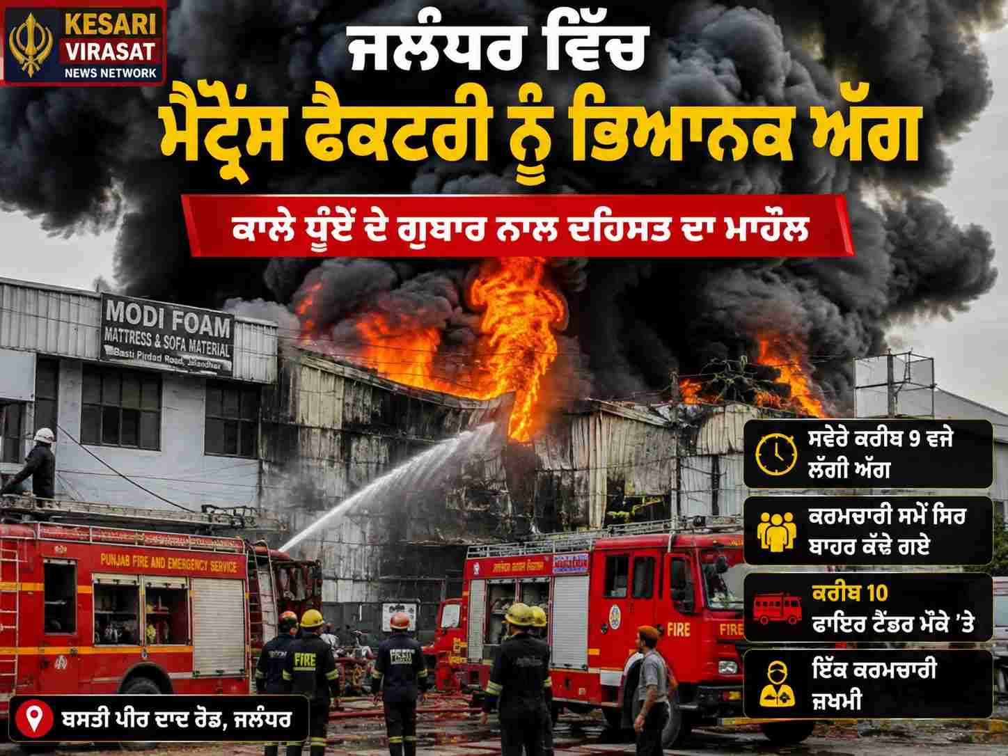 ਜਲੰਧਰ ਵਿੱਚ ਮੈਟ੍ਰੈੱਸ ਫੈਕਟਰੀ ਨੂੰ ਭਿਆਨਕ ਅੱਗ